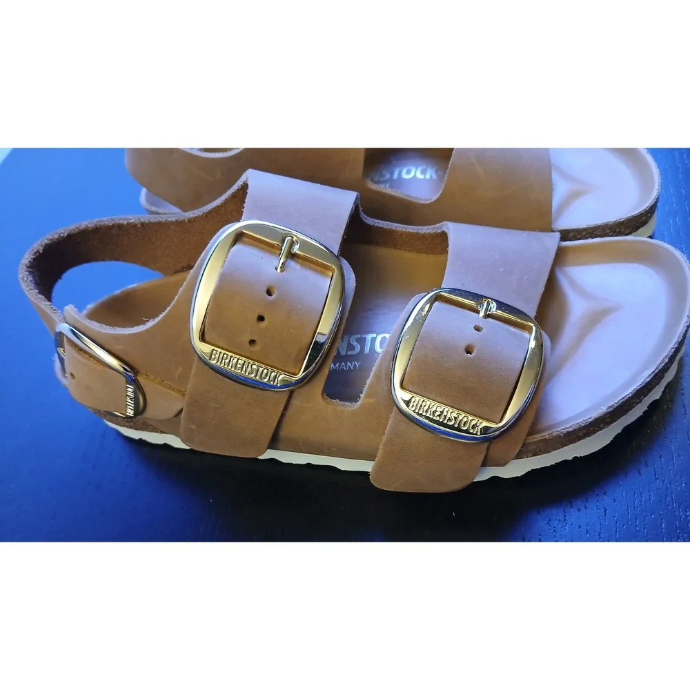 Birkenstock Milano Big Buckle Sandals Cognac Oiled Leather EU 36 US 5 Gold
